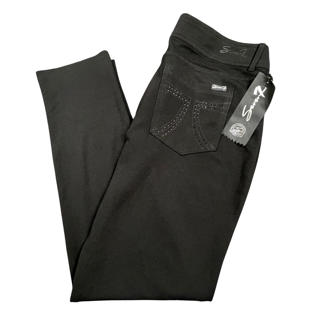 Seven7 Black Skinny Pants Rhinestone Faux Pockets Stretch Knit NWT Womens 14
